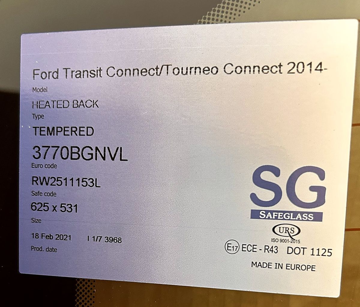 Eticheta Safeglass a lunetei Ford Transit Connect 3770BGNVL, 625 x 531 mm